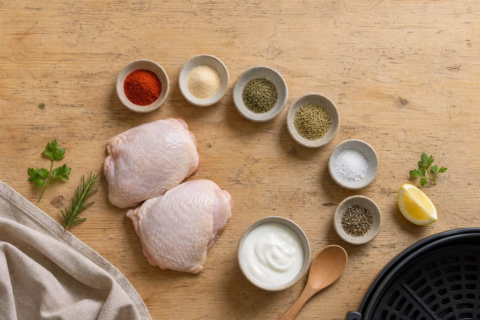 Zutaten für Pollo Fino: Fleisch, Gewürze und Joghurt