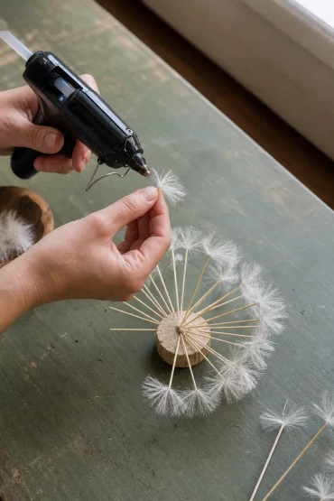 Hände befestigen weißes Bastelmaterial für die Pusteblume