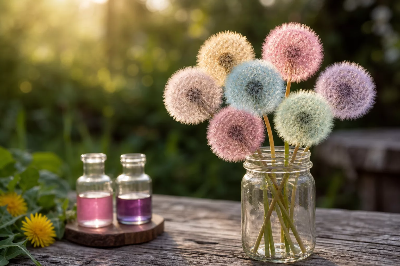 Pusteblumen färben in Pastelltönen für bunte Fensterdeko