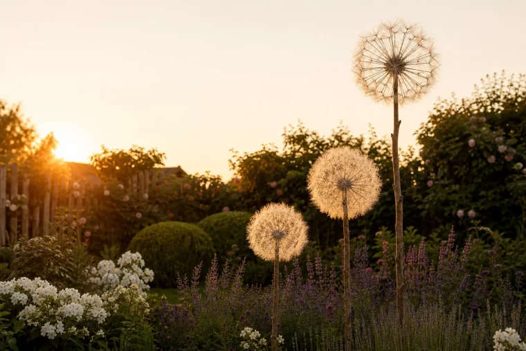 Gruppe von XXL Pusteblumen in unterschiedlichen Höhen im Beet