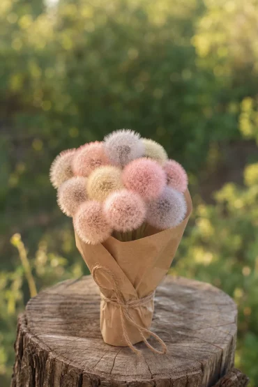 Gebundener Strauß aus gefärbten Pusteblumen auf Holzstumpf