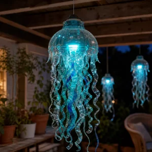 Quallen-Laterne aus PET-Flasche mit Solarleuchte leuchtet abends auf der Terrasse