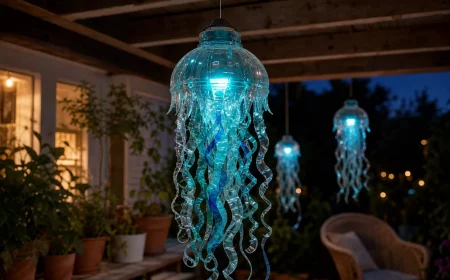 Quallen-Laterne aus PET-Flasche mit Solarleuchte leuchtet abends auf der Terrasse