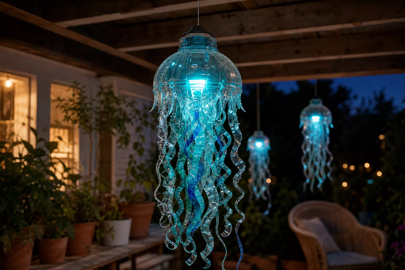Quallen-Laterne aus PET-Flasche mit Solarleuchte leuchtet abends auf der Terrasse