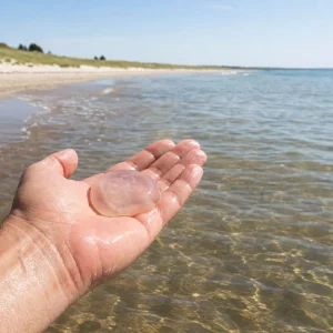 Hand hält durchsichtige Qualle am Ostsee-Strand