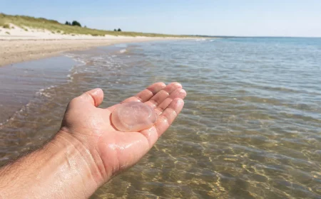 Hand hält durchsichtige Qualle am Ostsee-Strand