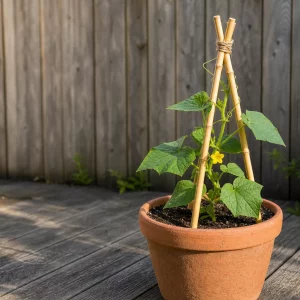 Rankhilfe für Gurken im Kübel aus Bambusstäben auf sonniger Terrasse