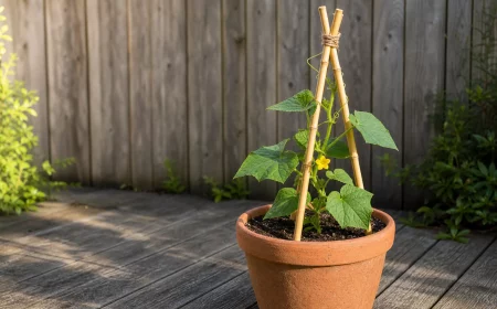 Rankhilfe für Gurken im Kübel aus Bambusstäben auf sonniger Terrasse