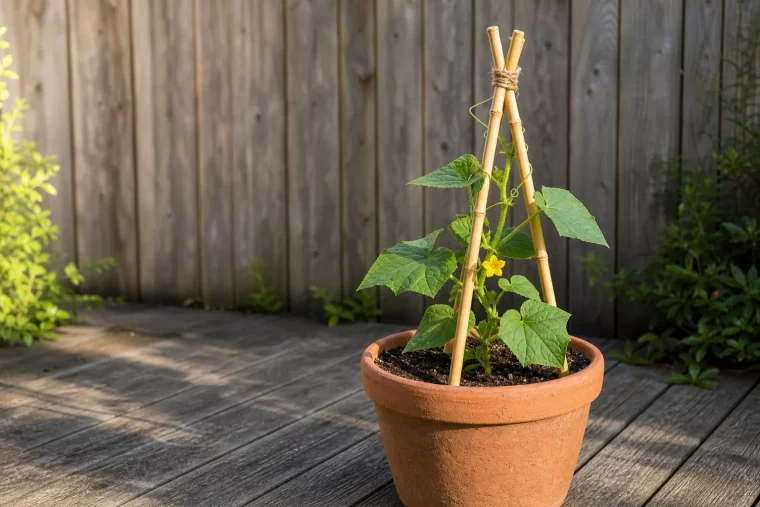 Rankhilfe für Gurken im Kübel aus Bambusstäben auf sonniger Terrasse