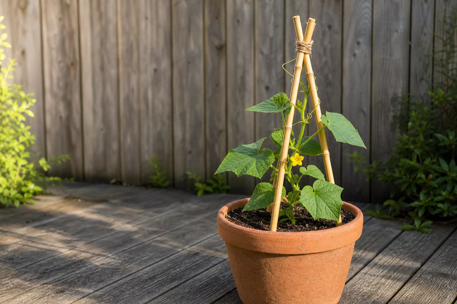 Rankhilfe für Gurken im Kübel aus Bambusstäben auf sonniger Terrasse