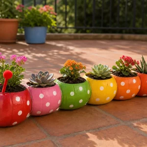 Raupe aus PET-Flaschen als bunte Blumentöpfe auf der Terrasse