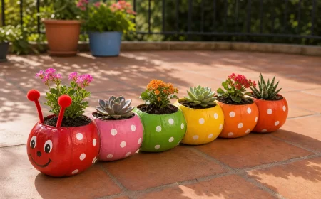 Raupe aus PET-Flaschen als bunte Blumentöpfe auf der Terrasse
