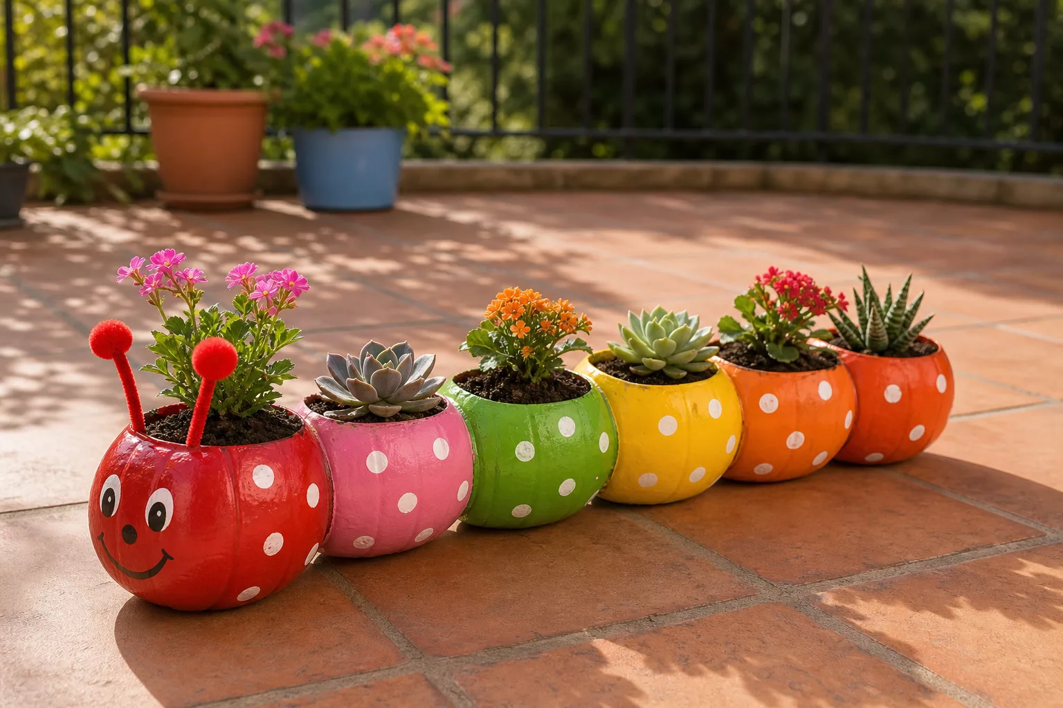 Raupe aus PET-Flaschen als bunte Blumentöpfe auf der Terrasse