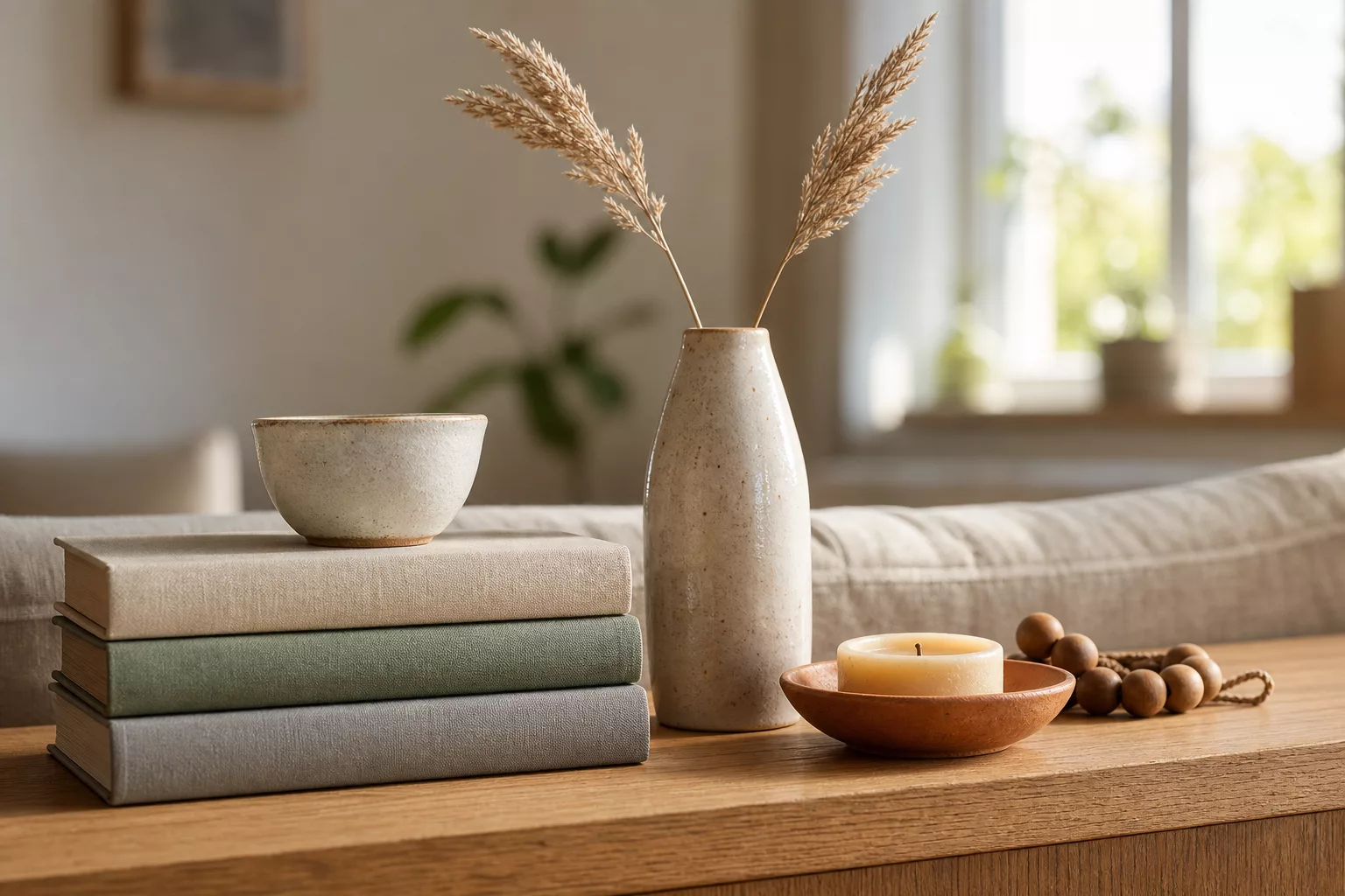 Nahaufnahme dekorierter Regalfläche hinter Sofa mit Vasen und Büchern
