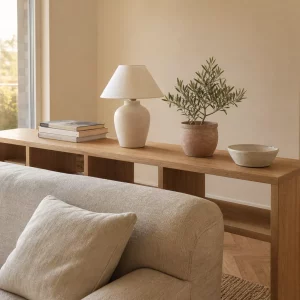 Niedriges Holzregal als Raumteiler hinter beigem Sofa