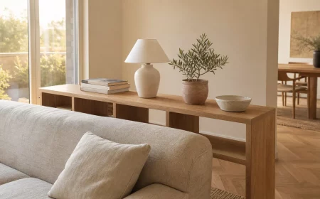 Niedriges Holzregal als Raumteiler hinter beigem Sofa