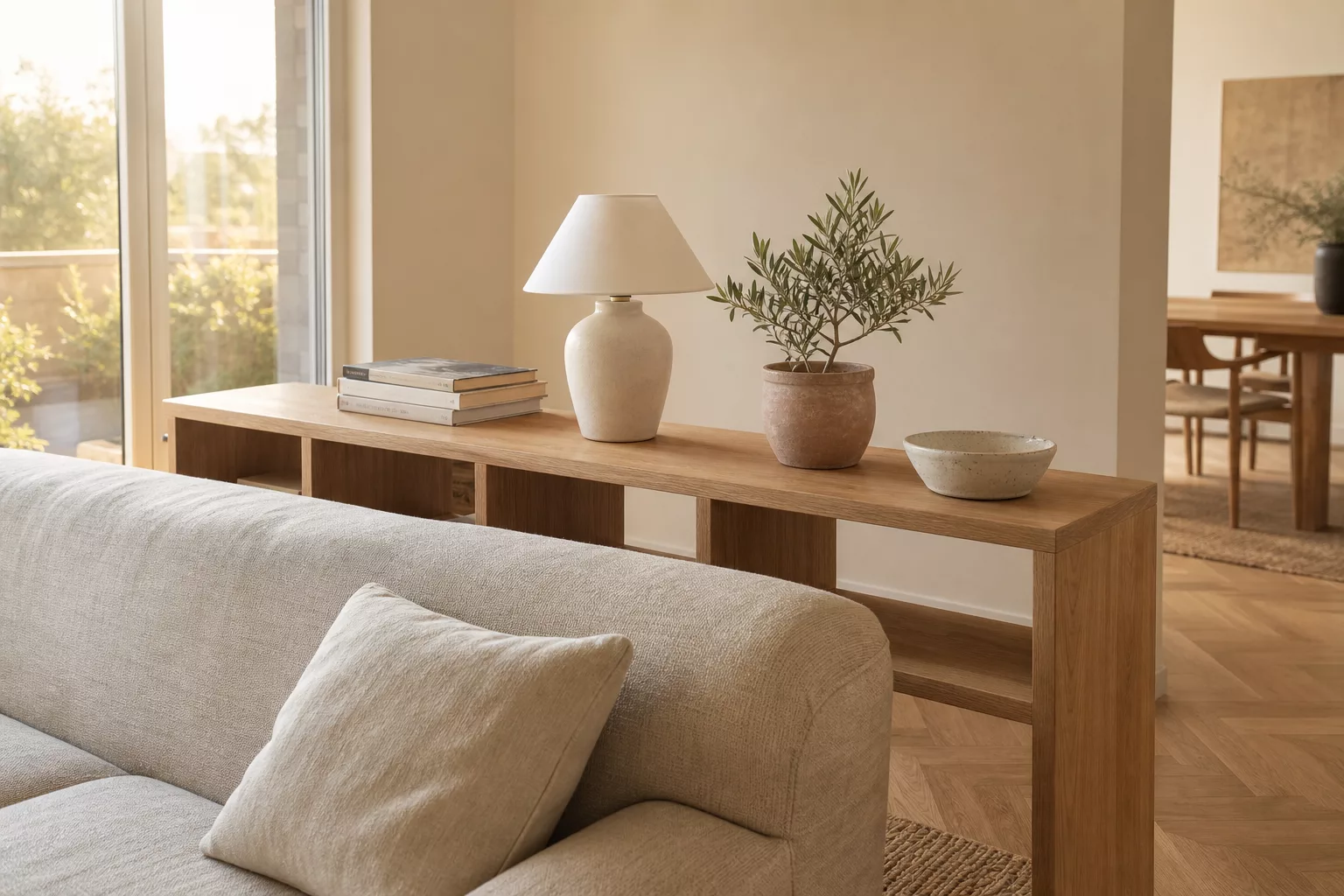 Niedriges Holzregal als Raumteiler hinter beigem Sofa
