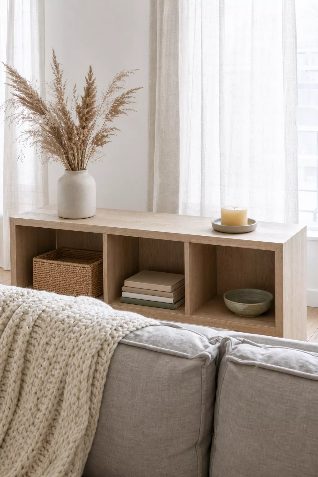 Helles Skandi-Regal mit Rattan-Korb hinter Sofa