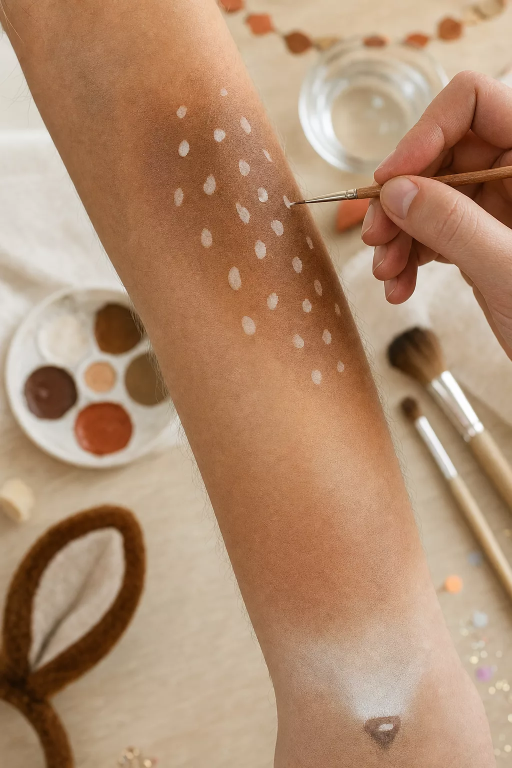 Zarte weiße Tupfen werden auf braun-beige geschminkten Unterarm für Reh-Look gemalt