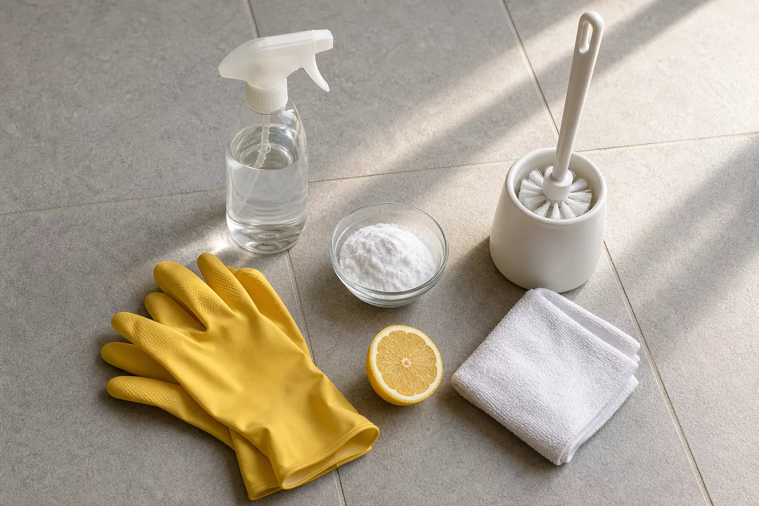 Flatlay mit Utensilien zur WC-Reinigung gegen Kalk und Urinstein