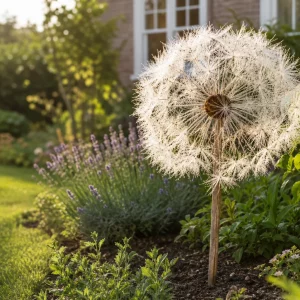 XXL Pusteblume aus Naturmaterialien als Gartendeko im Beet
