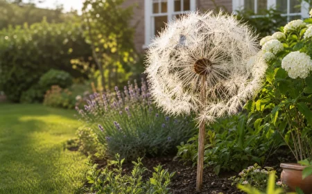 XXL Pusteblume aus Naturmaterialien als Gartendeko im Beet