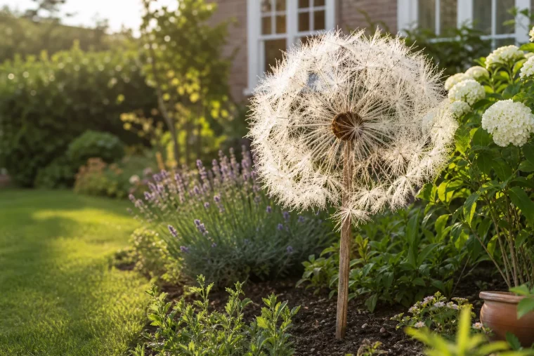 XXL Pusteblume aus Naturmaterialien als Gartendeko im Beet