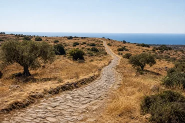 Alte Römerstraße führt durch hügelige mediterrane Landschaft