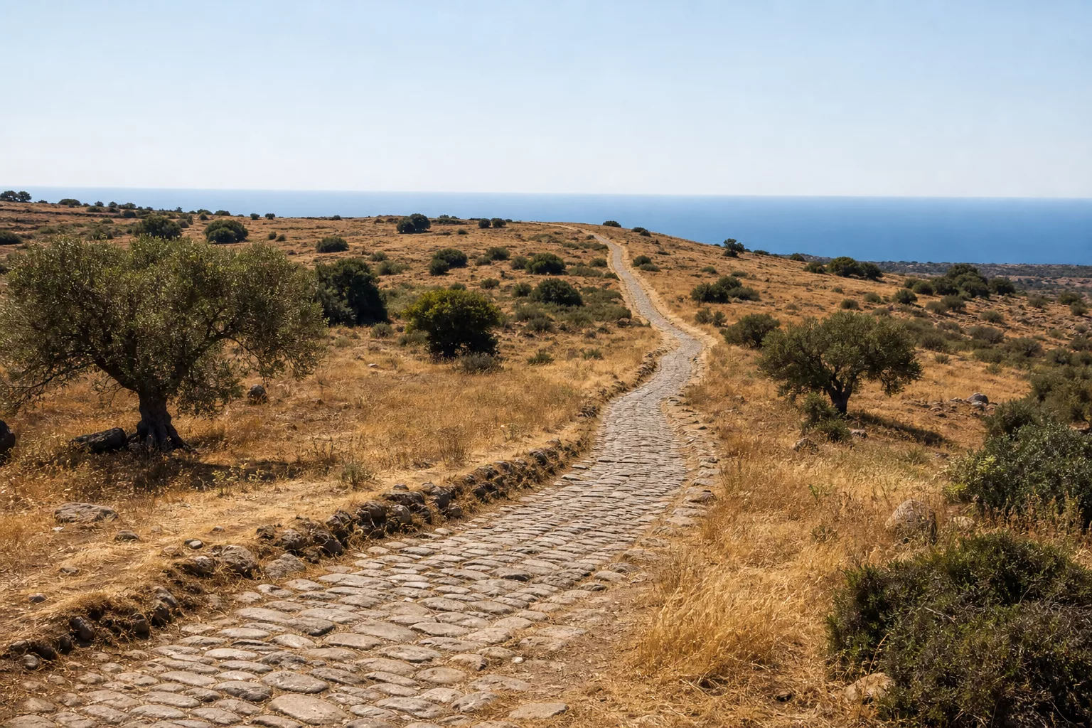 Alte Römerstraße führt durch hügelige mediterrane Landschaft