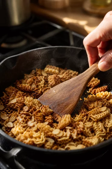 Knusprig geröstete Ramen-Nudeln und Mandeln für den Salat
