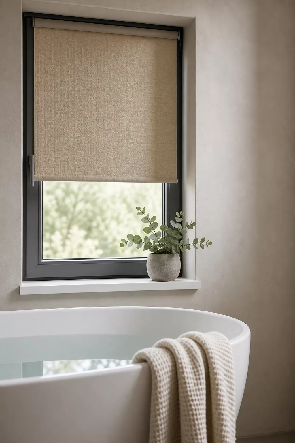 Wasserfestes Rollo am Fenster über der Badewanne