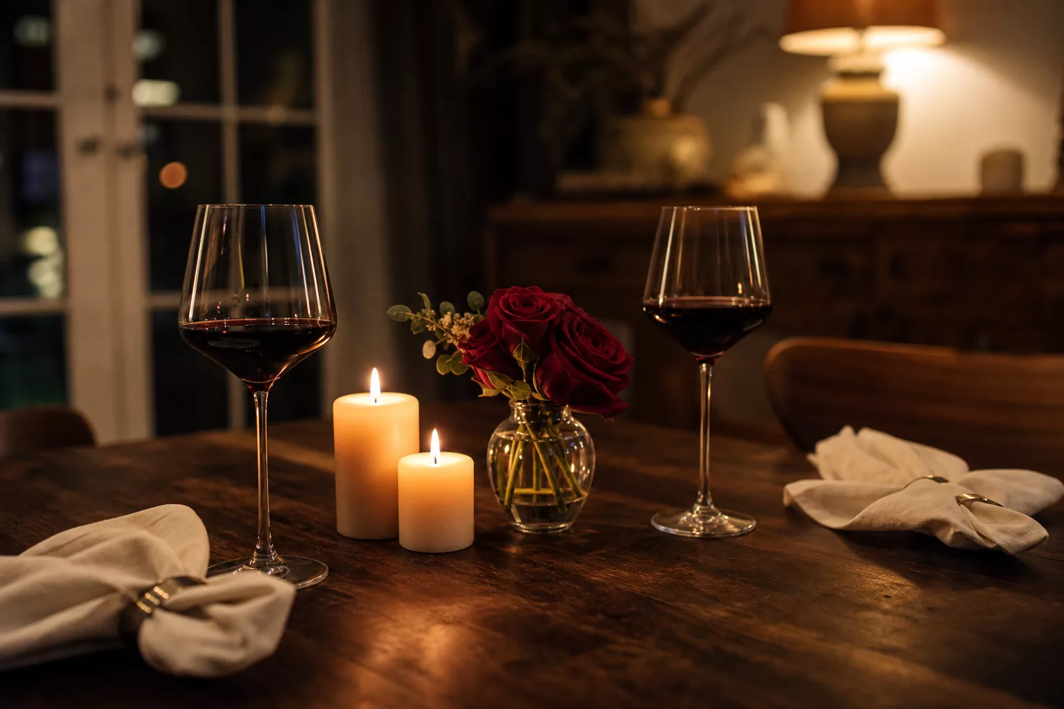 Gedeckter Tisch mit Kerzen und Rosen zum Jahrestagsdinner