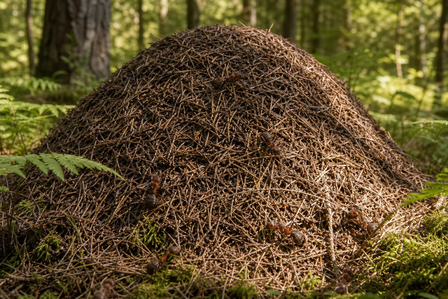 Großer Waldameisenhügel im Wald aus Nadeln und Zweigen, Rote Waldameisen sind gesetzlich geschützt
