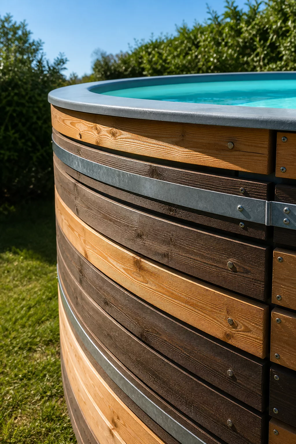 Horizontale Holzlamellen als klassische Poolverkleidung in Nahaufnahme