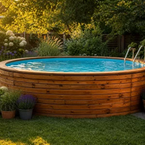 Rundpool verkleiden mit warmer Holzverkleidung in gemütlicher Gartenatmosphäre