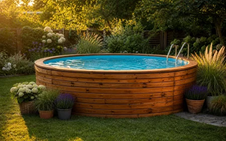Rundpool verkleiden mit warmer Holzverkleidung in gemütlicher Gartenatmosphäre