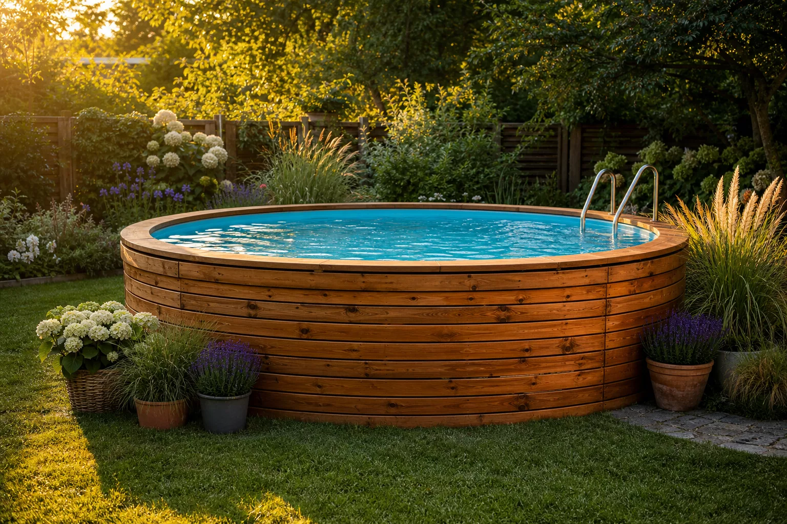 Rundpool verkleiden mit warmer Holzverkleidung in gemütlicher Gartenatmosphäre
