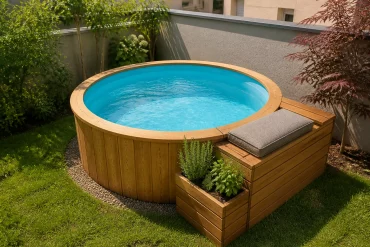 Platzsparend verkleideter Aufstellpool mit integrierter Sitzbank im kleinen Garten