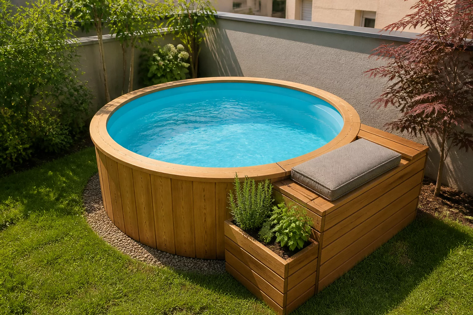 Platzsparend verkleideter Aufstellpool mit integrierter Sitzbank im kleinen Garten
