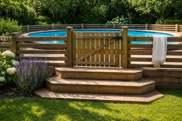 Rundpool mit Holzterrasse, Stufen und abschließbarem Sicherheitszaun