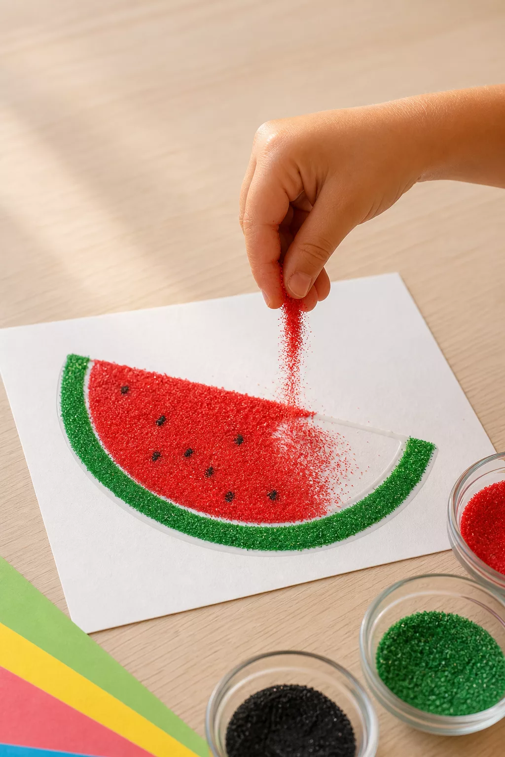 Kinderhand streut bunten Bastelsand auf ein Wassermelonen-Sandbild