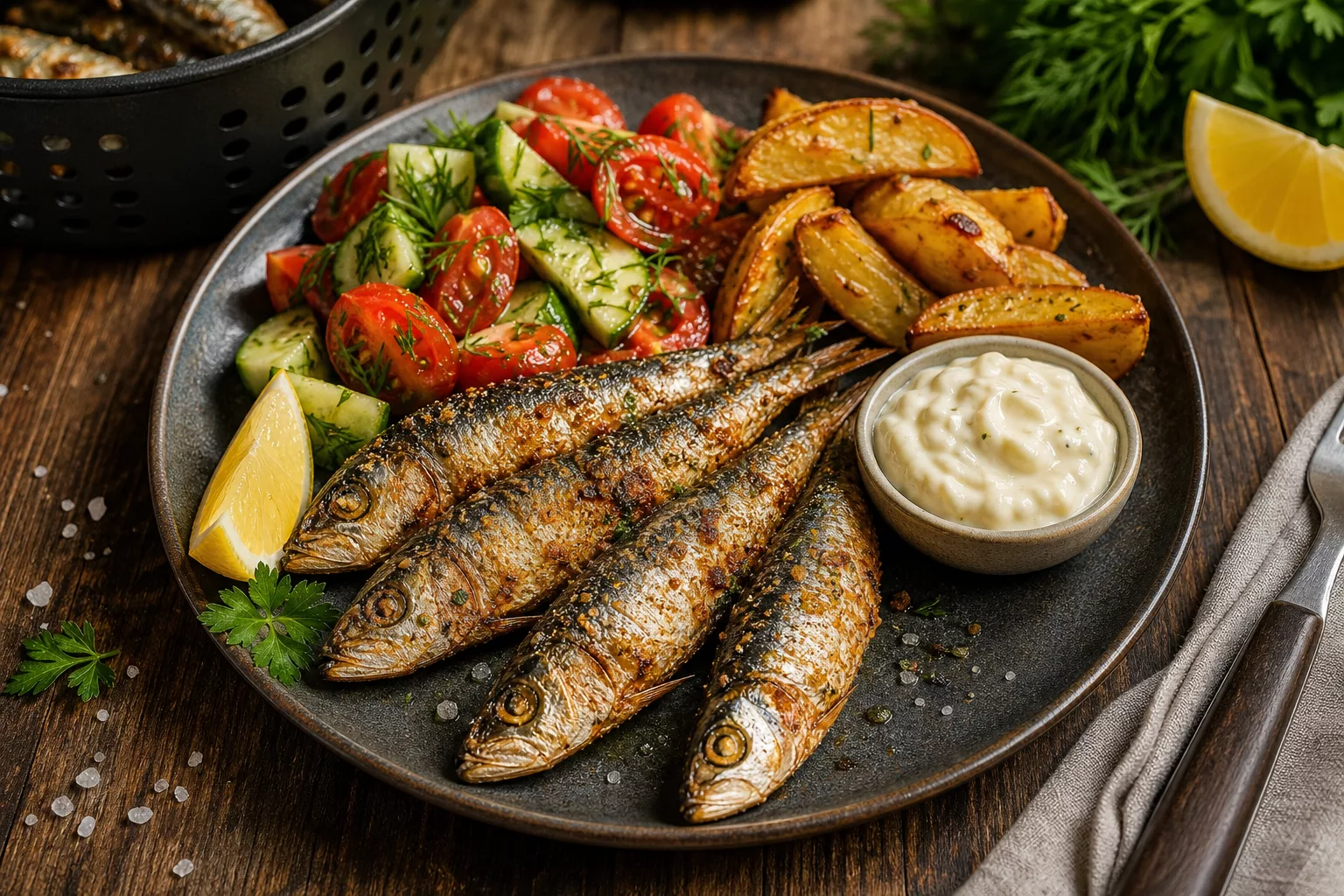 Knusprige Sardinen aus dem Airfryer serviert mit Salat und Kartoffelspalten