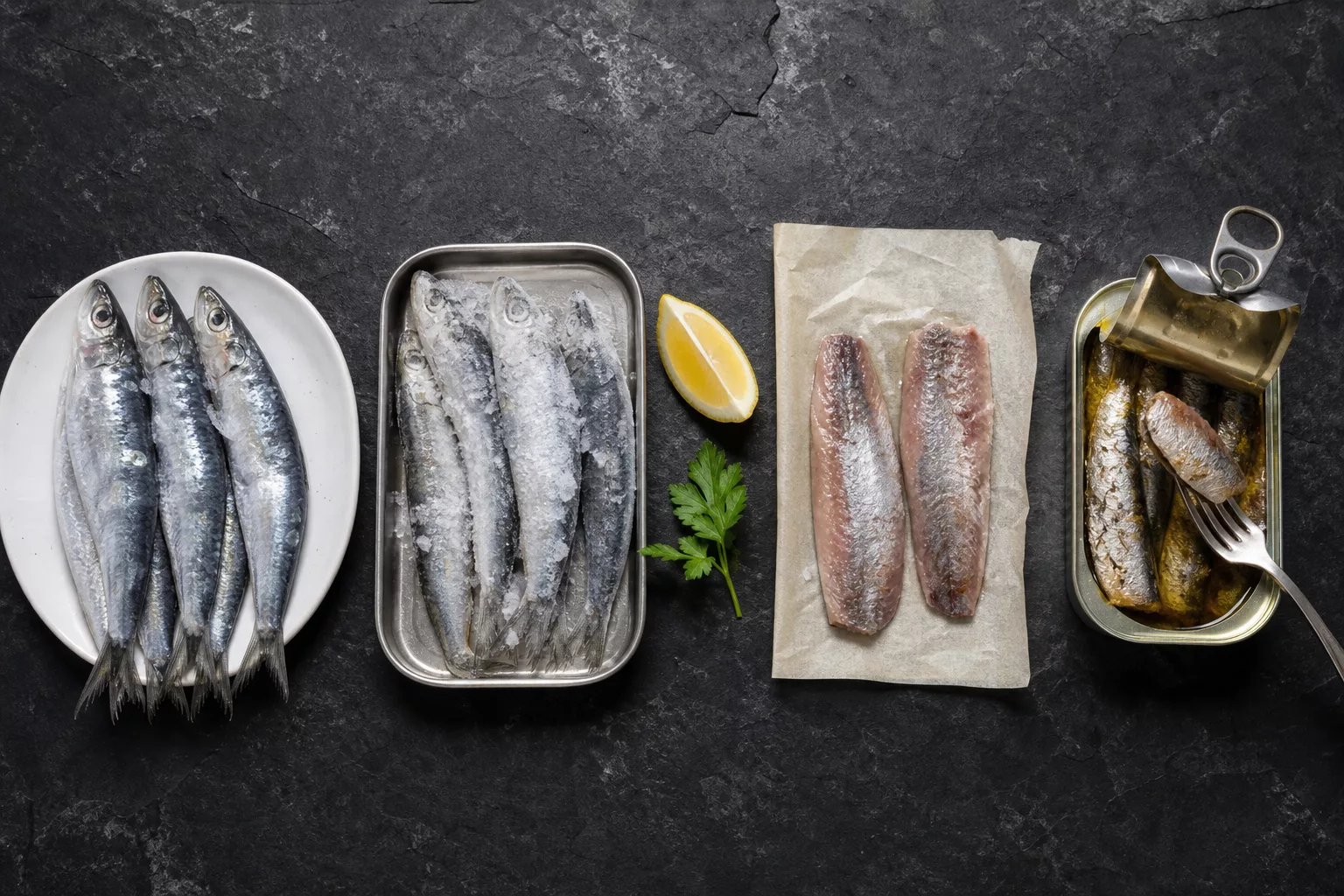 Frische, gefrorene und Dosensardinen sowie Filets nebeneinander