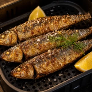 Knusprige Sardinen aus dem Airfryer im schwarzen Frittierkorb