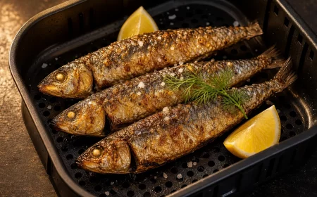 Knusprige Sardinen aus dem Airfryer im schwarzen Frittierkorb