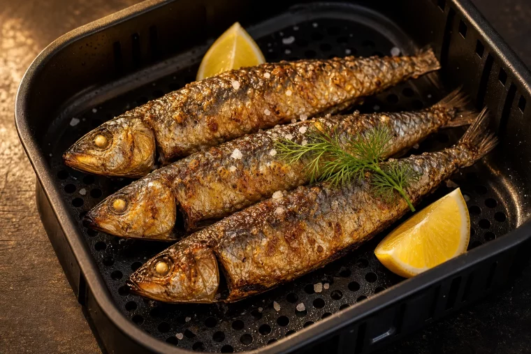Knusprige Sardinen aus dem Airfryer im schwarzen Frittierkorb