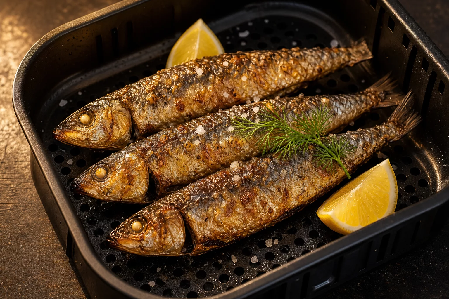 Knusprige Sardinen aus dem Airfryer im schwarzen Frittierkorb