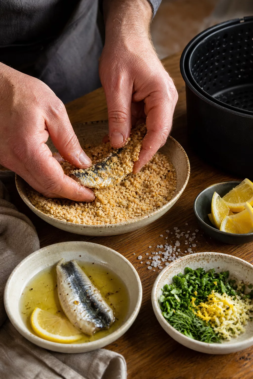 Hände panieren ein Sardinenfilet in Semmelbröseln vor dem Airfryer