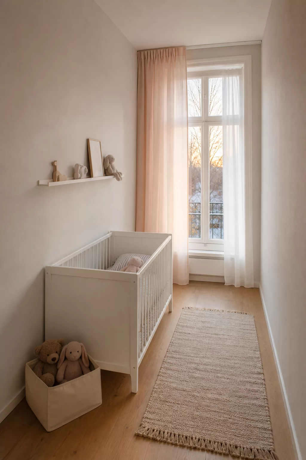 Längliches Babyzimmer in hellen, sparsam möblierten Pastelltönen