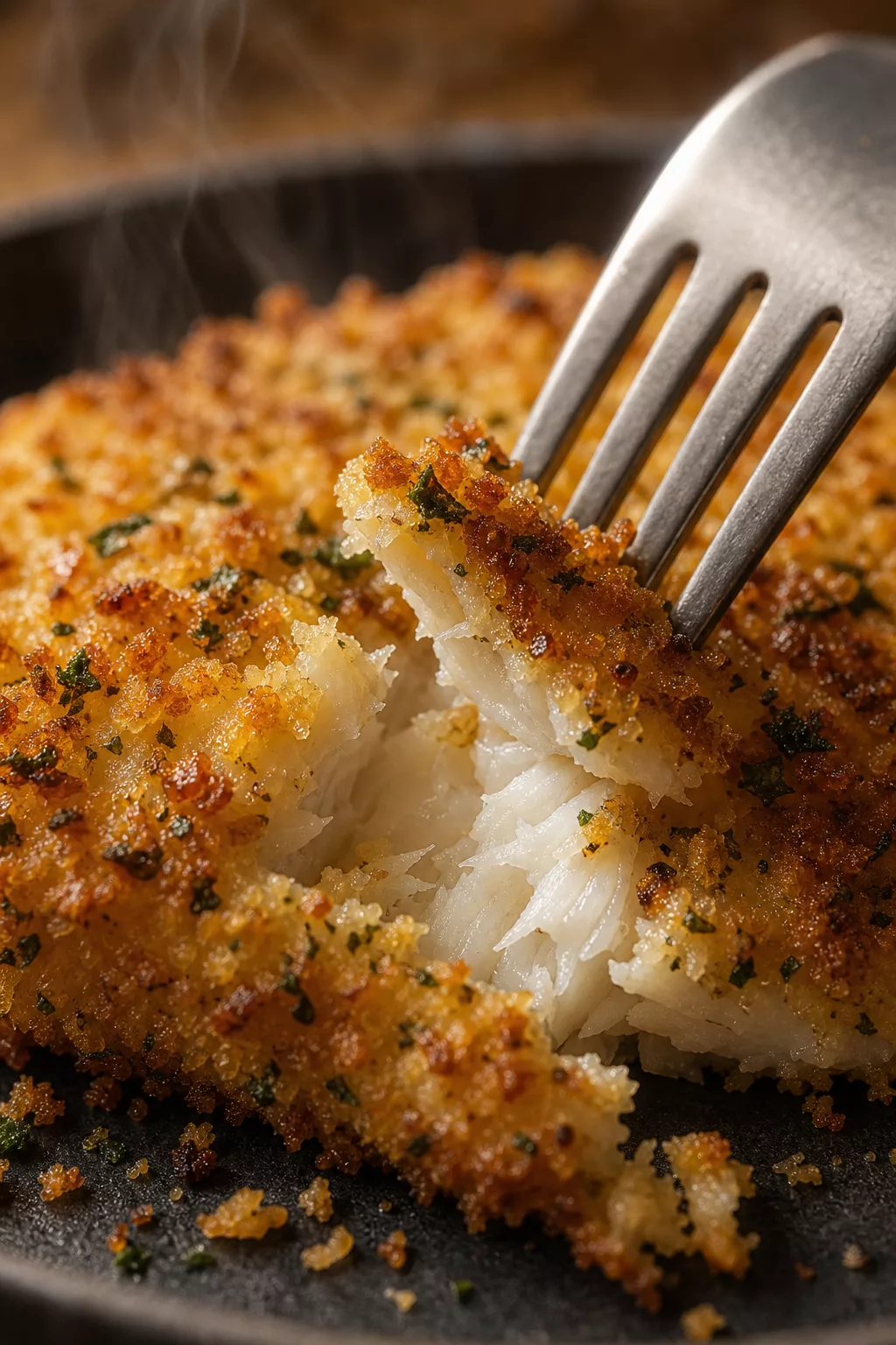 Nahaufnahme der knusprigen Kräuterkruste vom Schlemmerfilet